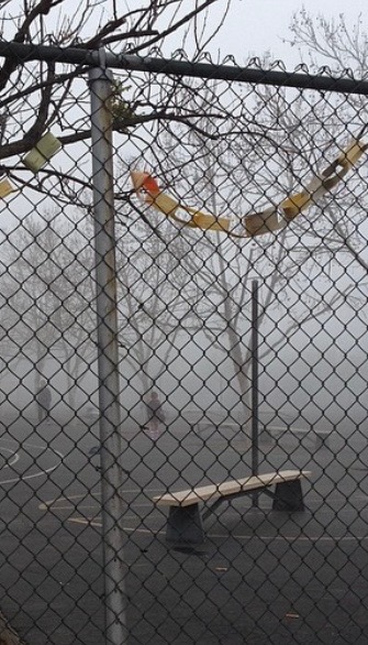 A young child, walking away from the camera, disappears into heavy fog on a public school playground. Another person stands at a distance, silhouetted in the fog. The figures are surrounded by leafless trees, with and empty bench in the foreground, and another farther back. The photo is taken through a metal chainlink fence with faded paper chain hanging from the top. 